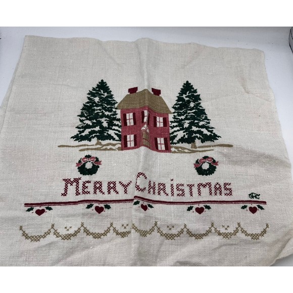 Vintage Holiday Christmas Colonial Stamped Cross Stitch Napkins 25 x 16" Rustic - Picture 1 of 5